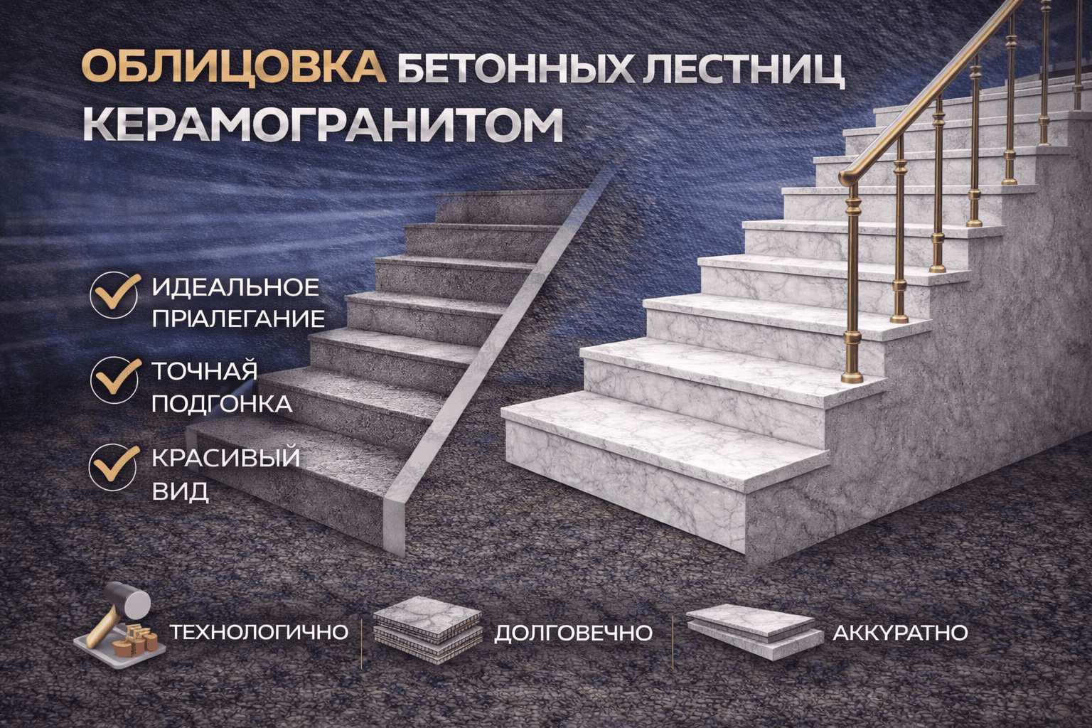 Облицовка бетонных лестниц керамогранитом